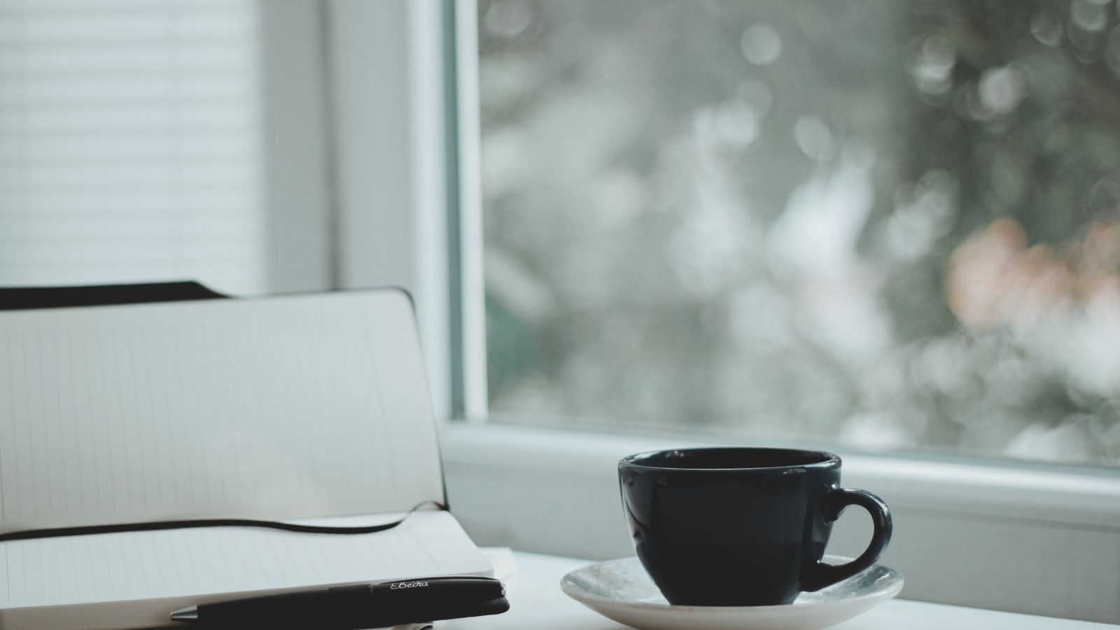 A notebook and coffee by a sunlit window
